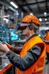 Man wearing orange hard hat safety vest working Engineer Using Augmented Reality