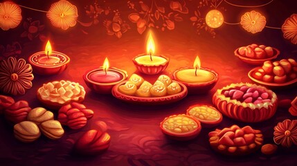 Greeting card for Happy Diwali (Festival of lights) with sweet treats, candles and lamp