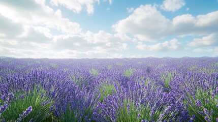 Wall Mural - A vast field of lavender blossoms stretches out under a bright blue sky with fluffy white clouds.