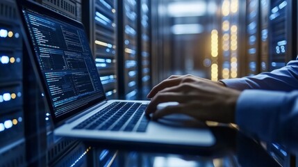 Person working laptop server room is sitting desk Computer engineer