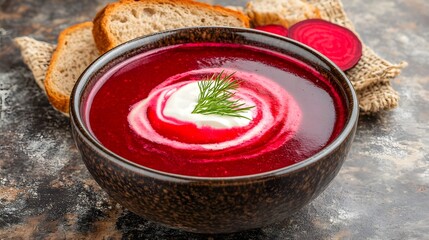 A bowl of creamy red beet soup with sour cream and dill garnish, served with slices of whole grain bread.