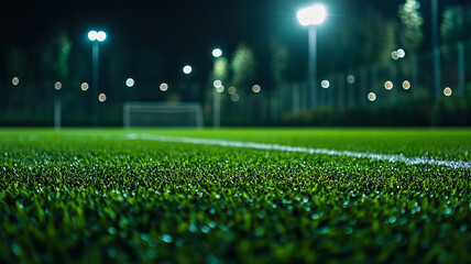 Wall Mural - Illuminated soccer field at night with lush green turf and goalposts in the background