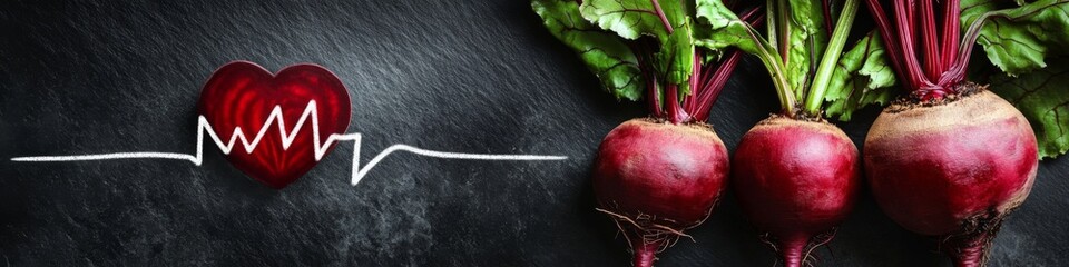 Two red beets black chalkboard background are placed Beetroot in a heart