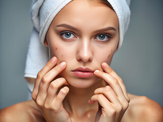 A woman with a towel on her head is examining her face