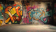 © mai - A graffiti-covered urban wall, showcasing vibrant colors, bold lines, and an edgy, artistic vibe