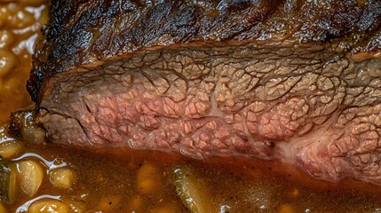 Close-up of a juicy, cooked steak with a rich sauce and vegetables.