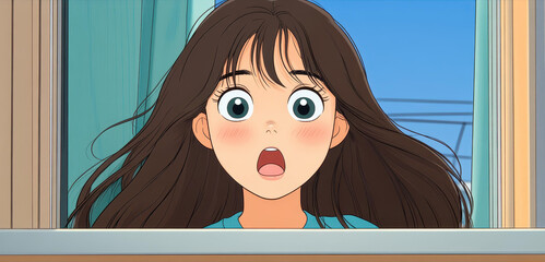 Poster - A girl with flowing brown hair and playful eyes gazes out the window, her mocking smile brightening the scene.