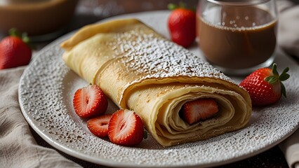 A rolled crepe with fresh strawberries and powdered sugar on a white plate, alongside a glass of chocolate milk.