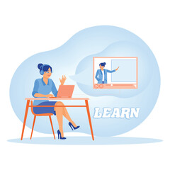 Wall Mural - Female students are homeschooled. Listen to explanations from teachers via remote meetings. Online Education concept. Flat vector illustration.