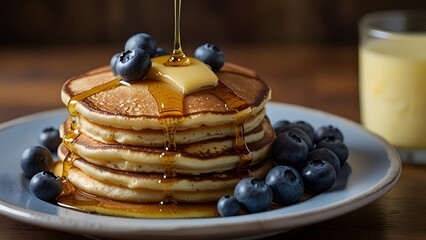 A stack of golden brown pancakes topped with blueberries and a pat of butter, drizzled with maple syrup on a blue plate, with a glass of milk in the background.