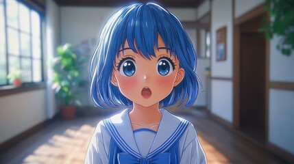 Poster - A charming anime girl with short blue hair and a school uniform, exuding innocence and curiosity from a topdown view.