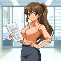 Poster - A cheerful young woman in anime style, joyful about her job offer, looks relaxed yet stylish with a confident smile.