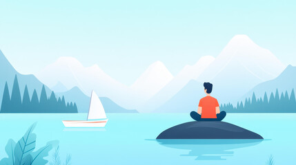 A man relaxes on a rock by a serene lake, capturing the essence of outdoor exploration in a vibrant cartoon illustration.