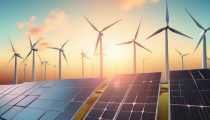 A scenic view of wind turbines and solar panels basking in the glow of a sunset, symbolizing renewable energy and sustainability.
