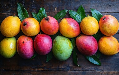 Wall Mural - A colorful arrangement of various mangoes on a wooden surface.