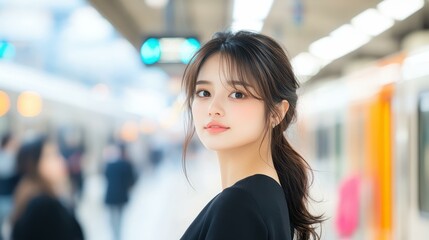 Poster - A stunning portrait of an Asian girl with brown hair in a stylish black dress, capturing a fashionable moment at a train station.