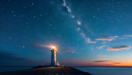 Wall Mural - Starry Night Over a Luminous Lighthouse