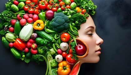 Vibrant arrangement of fresh vegetables and fruits creatively forming the shape of a womans head