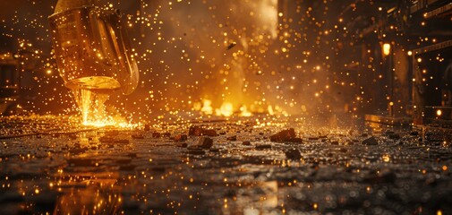 Poster - Industrial scene with molten metal, sparks flying, and a dramatic atmosphere in a factory environment.