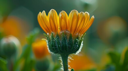 A Single Yellow Flower Bud with Green Stem and Delicate Petals