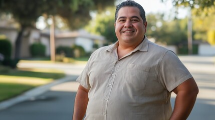 Wall Mural - Cheerful MiddleAged Hispanic Man Standing Outdoors on a Sunny Suburban Street, Promoting Diversity and Positivity