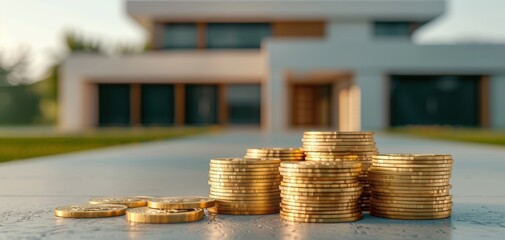 Fototapete - A close-up view of gold coins stacked on a surface with a modern house in the background, symbolizing wealth and investment.
