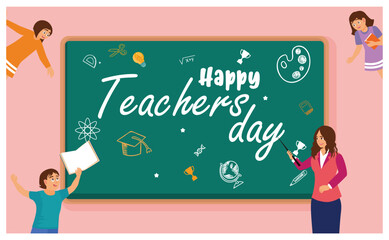 Wall Mural - Female teacher and students in the classroom. Happy Teacher's Day greetings on the blackboard. Teacher's Day concept. Flat vector illustration.