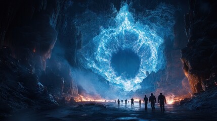 Poster - A mystical cave with glowing blue portal and silhouetted figures.