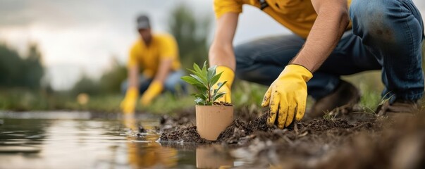 Group collecting trash in a protected wetland area, preserving biodiversity, with birds and aquatic plants in view, showcasing the impact of conservation