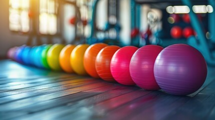 Colorful exercise balls are lined up in a gym, showcasing a vibrant gradient from red to purple, accentuated by soft natural lighting.