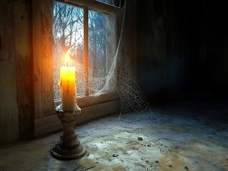 Wall Mural - A single candle burns in a cracked window of an abandoned house 