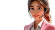 © EnioRBC - 3D cartoon-style female customer service avatar in a pink suit, white shirt, confident with headset, HD render