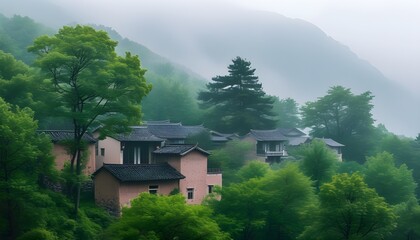 Wall Mural - Serene mountain village shrouded in fog with traditional houses surrounded by lush greenery