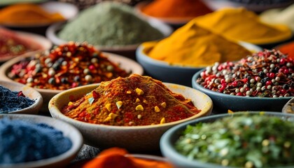 Vibrant assortment of colorful spices in rustic bowls highlighting rich culinary traditions and bold flavors