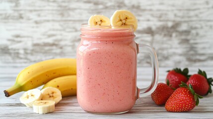 Wall Mural - Strawberry banana smoothie in a mason jar with fresh fruit.