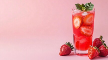 Sticker - Strawberry Lemonade in a tall glass with fresh strawberries on a pink background.