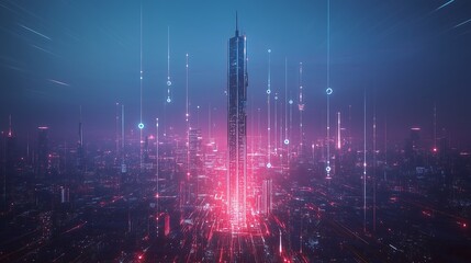 Poster - A towering 5G cellular network antenna rising above a futuristic smart city skyline