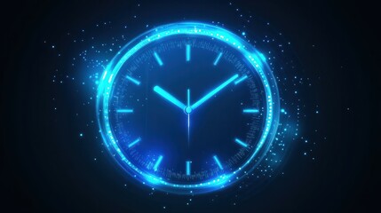 A futuristic digital clock light effect. A glowing silhouette of a clock representing time. Background laser blue neon clock vector illustration