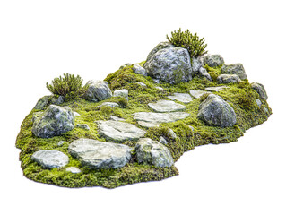 Moss-covered path through rock formations, isolated on transparent background.