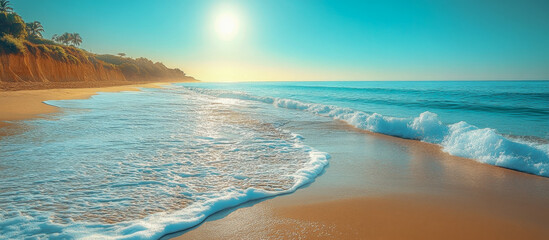 Golden hour light casting a warm glow over the beach and ocean with waves gently reaching the shore