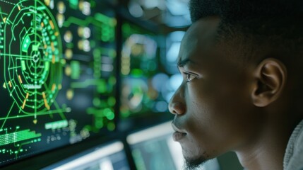 Leinwandbilder - A man is looking at a computer screen with a green screen