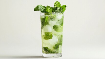 Wall Mural - tall glass of fresh green drink with mint leaves and ice.