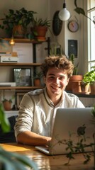 Poster - A man is sitting at a desk with a laptop in front of him