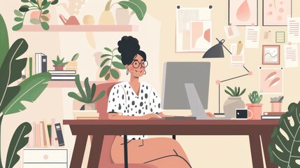 Poster - A woman is sitting at a desk with a laptop and a computer monitor