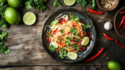 Wall Mural - A plate of Som Tam Thai papaya salad on a wooden table, surrounded by fresh limes, chili peppers, and other Thai herbs, shot from a top-down angle.