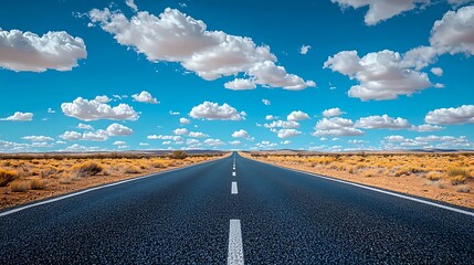 A long road stretches through a desert landscape under a blue sky.