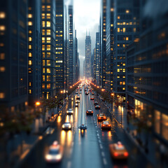 3D miniature scene, city street view, skyscrapers on both sides of the road