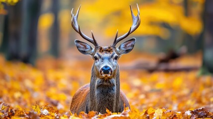 A red deer stag on alert, with ears perked up, surrounded by colorful fallen leaves in an autumn forest.