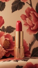 luxury red lipstick mockup model with pink roses background for cosmetic commercial packshot style