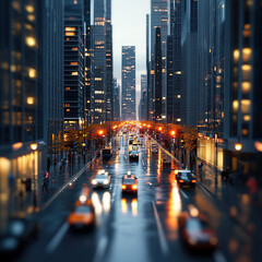 3D miniature scene, city street view, skyscrapers on both sides of the road